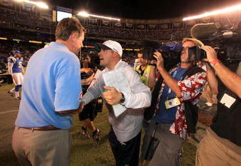 SAN DIEGO, CA - OCTOBER 19: Head Coach Norv Turner of the San Diego Chargers shakes the hand of Head Coach Josh McDaniels of the Denver Broncos after the Broncos' 34-23 win during Monday Night Football on October 19, 2009 at Qualcomm Stadium in San Diego, California. (Photo by Donald Miralle/Getty Images)