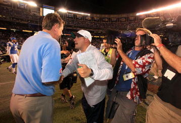 SAN DIEGO, CA - OCTOBER 19: Head Coach Norv Turner of the San Diego Chargers shakes the hand of Head Coach Josh McDaniels of the Denver Broncos after the Broncos' 34-23 win during Monday Night Football on October 19, 2009 at Qualcomm Stadium in San Diego, California. (Photo by Donald Miralle/Getty Images)