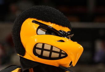 INDIANAPOLIS - MARCH 12:  Herky the mascot of the Iowa Hawkeyes looks on against the Michigan Wolveriens during the first round of the Big Ten Men's Basketball Tournament at Conseco Fieldhouse on March 12, 2009 in Indianapolis, Indiana.  (Photo by Jonathan Daniel/Getty Images)