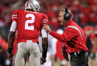 COLUMBUS, OH - OCTOBER 25: Ohio State Buckeyes head coach Jim Tressell instructs his quarterback Terrell Pryor #2 during the game against the Penn State Nittany Lions on October 25, 2008 at Ohio Stadium in Columbus, Ohio.  (Photo by Jamie Sabau/Getty Images)