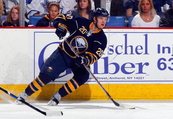 BUFFALO, NY - MARCH 27:  Daniel Paille #20 of the Buffalo Sabres skates with the puck against the Toronto Maple Leafs on March 27, 2009 at HSBC Arena in Buffalo, New York. (Photo by Rick Stewart/Getty Images)