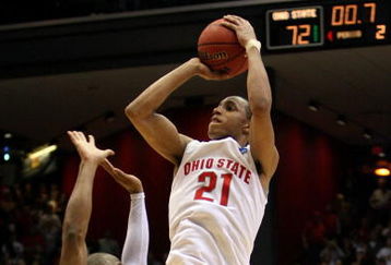 DAYTON, OH - MARCH 20: Evan Turner#21 of the Ohio State Buckeyes shoots over Kenny Hasbrouck #41 of the Siena Saints during the first round of the NCAA Division I Men's Basketball Tournament at the University of Dayton Arena on March 20, 2009 in Dayton, Ohio.  (Photo by Andy Lyons/Getty Images)