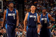 DENVER - MAY 13:  Josh Howard #5, Jason Kidd #2 and Jason Terry #31 of the Dallas Mavericks pause during action against the Denver Nuggets in Game Five of the Western Conference Semifinals during the 2009 NBA Playoffs at Pepsi Center on May 13, 2009 in Denver, Colorado. NOTE TO USER: User expressly acknowledges and agrees that, by downloading and or using this photograph, User is consenting to the terms and conditions of the Getty Images License Agreement.  (Photo by Doug Pensinger/Getty Images)