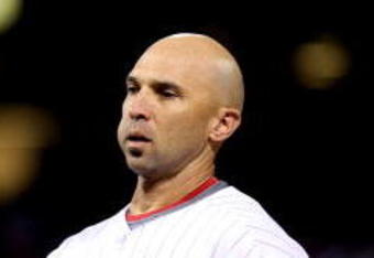 PHILADELPHIA - OCTOBER 19:  Raul Ibanez #29 of the Philadelphia Phillies reacts after lined out for the final out in the bottom of the sixth inning against the Los Angeles Dodgers in Game Four of the NLCS during the 2009 MLB Playoffs at Citizens Bank Park on October 19, 2009 in Philadelphia, Pennsylvania.  (Photo by Nick Laham/Getty Images)