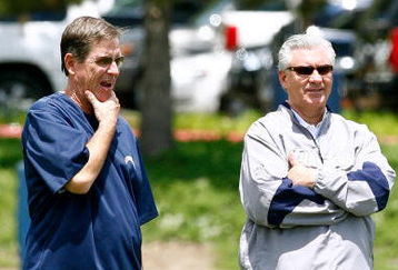 SAN DIEGO - MAY 03: Head coach Norv Turner and general manager A.J. Smith of the San Diego Chargers watch practice during minicamp at the Chargers training facility on May 3, 2009 in San Diego, California. (Photo by Kevin Terrell/Getty Images)