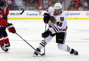 WASHINGTON DC, DC - SEPTEMBER 23:  Colin Fraser #46 of the Chicago Blackhawks skates against the Washington Capitals during their preseason game on September 23, 2009 at the Verizon Center in Washington, DC.  (Photo by Jim McIsaac/Getty Images)