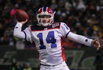 EAST RUTHERFORD, NJ - OCTOBER 18: Ryan Fitzpatrick #14 of the Buffalo Bills throws on the run against the New York Jets during the game on October 18, 2009 at Giants Stadium in East Rutherford, New Jersey. The Bills defeated the Jets 16-13 in overtime. (Photo by Jared Wickerham/Getty Images)