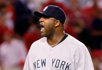 ANAHEIM, CA - OCTOBER 20:  C.C. Sabathia #52 of the New York Yankees reacts during the sixth inning in Game Four of the ALCS against the Los Angeles Angels of Anaheim during the 2009 MLB Playoffs at Angel Stadium on October 20, 2009 in Anaheim, California.  (Photo by Jeff Gross/Getty Images)