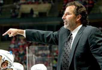 EAST RUTHERFORD, NJ - APRIL 14:  Head coach John Tortorella of the Tampa Bay Lightning yells to his team against the New Jersey Devils in Game 2 of the 2007 Eastern Conference Quarterfinals on April 14, 2007 at Continental Airlines Arena in East Rutherford, New Jersey.  (Photo by Jim McIsaac/Getty Images)