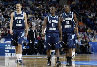 BUFFALO, NY - MARCH 15:  Gerald Lee #12 Abdi Lidonde #11 and Arnaud Dahi #31 of the Old Dominion Monarchs stand on the court against the Butler Bulldogs during round one of the NCAA Men's Basketball Tournament at the HSBC Arena on March 15, 2007  in Buffalo, New York.  (Photo by Rick Stewart/Getty Images)