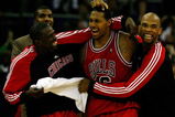 LONDON, ENGLAND - OCTOBER 06:  James Johnson (C) of the Chicago Bulls celebrates with team mates after scoring the winning shot in the final second during the NBA pre-season game as part of the 2009 NBA Europe Live Tour between Chicago Bulls and Utah Jazz at the O2 Arena on October 6, 2009 in London, England.  NOTE TO USER: User expressly acknowledges and agrees that, by downloading and/or using this Photograph, user is consenting to the terms and conditions of the Getty Images License Agreement.  (Photo by Clive Rose/Getty Images)