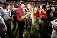 RALEIGH, NC - SEPTEMBER 3: ESPN sideline reporter Erin Andrews interviews head coach Steve Spurrier of the South Carolina Gamecocks after their game against the North Carolina State Wolfpack at Carter-Finley Stadium on September 3, 2009 in Raleigh, North Carolina. (Photo by Streeter Lecka/Getty Images)