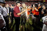 RALEIGH, NC - SEPTEMBER 3:  ESPN sideline reporter Erin Andrews interviews head coach Steve Spurrier of the South Carolina Gamecocks after their game against the North Carolina State Wolfpack at Carter-Finley Stadium on September 3, 2009 in Raleigh, North Carolina.  (Photo by Streeter Lecka/Getty Images)