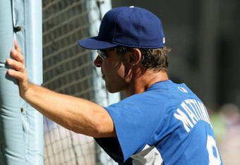 LOS ANGELES, CA - OCTOBER 16:  Batting Coach Don Mattingly of the Los Angeles Dodgers looks on during batting practice prior to the start of Game Two of the NLCS against the Philadelphia Phillies during the 2009 MLB Playoffs at Dodger Stadium on October 16, 2009 in Los Angeles, California.  (Photo by Stephen Dunn/Getty Images)