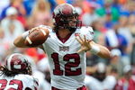 GAINESVILLE, FL - SEPTEMBER 12:  Levi Brown #12 of the Troy Trojans attempts a pass during the game against the Florida Gators at Ben Hill Griffin Stadium on September 12, 2009 in Gainesville, Florida.  (Photo by Sam Greenwood/Getty Images)