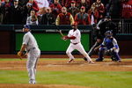 PHILADELPHIA - OCTOBER 19:  Jimmy Rollins #11 of the Philadelphia Phillies hits a game-winning walkoff 2-run double in the bottom of the ninth inning to win 5-4 against Jonathan Broxton #51 of the Los Angeles Dodgers in Game Four of the NLCS during the 2009 MLB Playoffs at Citizens Bank Park on October 19, 2009 in Philadelphia, Pennsylvania.  (Photo by Jeff Zelevansky/Getty Images)