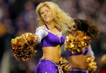MINNEAPOLIS - OCTOBER 18:  The Minnesota Vikings cheerleaders perform during a break in the action against the Baltimore Ravens during NFL action at Hubert H. Humphrey Metrodome on October 18, 2009 in Minneapolis, Minnesota. The Vikings defeated the Ravens 33-31.  (Photo by Doug Pensinger/Getty Images)