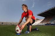 TOULON, FRANCE - JULY 15: Jonny Wilkinson, the England standoff, who has recently joined Toulon, places the ball on the kicking tee as he takes part in kicking practice at the Stade Felix Mayol on July 15, 2009 in Toulon, France. (Photo by David Rogers/Getty Images)