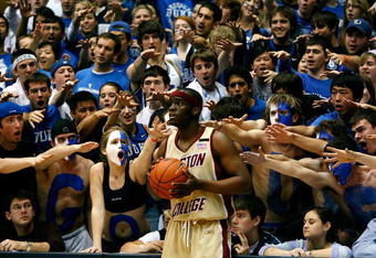 DURHAM, NC - FEBRUARY 09:  The Cameron Crazies heckle Biko Paris #5 of the Boston College Eagles during the first half at Cameron Indoor Stadium on February 9, 2008 in Durham, North Carolina.  Duke defeated Boston College 90-80.  (Photo by Kevin C. Cox/Getty Images)