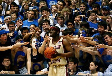 DURHAM, NC - FEBRUARY 09:  The Cameron Crazies heckle Biko Paris #5 of the Boston College Eagles during the first half at Cameron Indoor Stadium on February 9, 2008 in Durham, North Carolina.  Duke defeated Boston College 90-80.  (Photo by Kevin C. Cox/Getty Images)