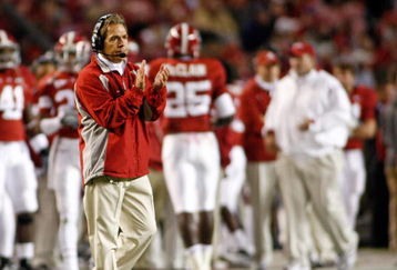 TUSCALOOSA - OCTOBER 17:  Head coach Nick Saban of the Alabama Crimson Tide celebrates a field goal during the game against the South Carolina Gamecocks at Bryant-Denny Stadium on October 17, 2009 in Tuscaloosa, Alabama.  The Crimson Tide beat the Gamecocks 20-6.  (Photo by Mike Zarrilli/Getty Images)