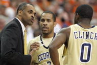 ATLANTA - MARCH 12:  Head coach Paul Hewitt of the Georgia Tech Yellow Jackets coaches Maurice Miller #3 and Lewis Clinch #0 against the Clemson Tigers during day one of the 2009 ACC Men's Basketball Tournament on March 12, 2009 at the Georgia Dome in Atlanta, Georgia.  (Photo by Kevin C. Cox/Getty Images)
