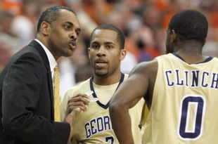 ATLANTA - MARCH 12:  Head coach Paul Hewitt of the Georgia Tech Yellow Jackets coaches Maurice Miller #3 and Lewis Clinch #0 against the Clemson Tigers during day one of the 2009 ACC Men's Basketball Tournament on March 12, 2009 at the Georgia Dome in Atlanta, Georgia.  (Photo by Kevin C. Cox/Getty Images)