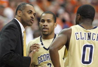 ATLANTA - MARCH 12:  Head coach Paul Hewitt of the Georgia Tech Yellow Jackets coaches Maurice Miller #3 and Lewis Clinch #0 against the Clemson Tigers during day one of the 2009 ACC Men's Basketball Tournament on March 12, 2009 at the Georgia Dome in Atlanta, Georgia.  (Photo by Kevin C. Cox/Getty Images)