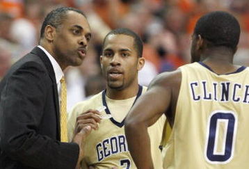 ATLANTA - MARCH 12:  Head coach Paul Hewitt of the Georgia Tech Yellow Jackets coaches Maurice Miller #3 and Lewis Clinch #0 against the Clemson Tigers during day one of the 2009 ACC Men's Basketball Tournament on March 12, 2009 at the Georgia Dome in Atlanta, Georgia.  (Photo by Kevin C. Cox/Getty Images)