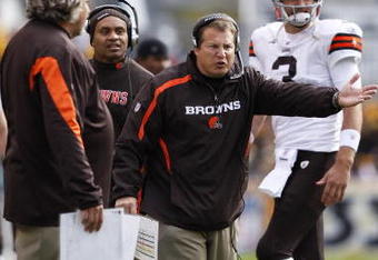 PITTSBURGH, PA - OCTOBER 18: Head coach Eric Mangini of the Cleveland Browns argues with an official during the game against the Pittsburgh Steelers at Heinz Field on October 18, 2009 in Pittsburgh, Pennsylvania. The Steelers defeated the Browns 27-14. (Photo by Joe Robbins/Getty Images)
