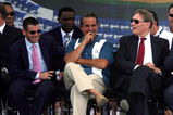 MIAMI - JULY 18:  (L-R) Florida Marlins team President David Sampson, City of Miami  Mayor Manny Diaz and MLB Commisioner Bud Selig attend the groundbreaking ceremony for the Florida Marlins baseball team's new stadium on July 18, 2009 in Miami, Florida. The park is scheduled to open in 2012 and the team intends to change its name to the Miami Marlins prior to the completion of the ballpark.  (Photo by Marc Serota/Getty Images)