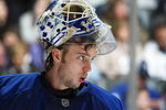 TORONTO, ON - SEPTEMBER 26:  Jonas Gustavsson #50 of the Toronto Maple Leafs takes a breather in a pre-season game against the Detroit Red Wings on September 26, 2009 at the Air Canada Centre in Toronto, Ontario. The Leafs defeated the Red Wings 2-1. (Photo by Claus Andersen/Getty Images)