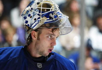 TORONTO, ON - SEPTEMBER 26:  Jonas Gustavsson #50 of the Toronto Maple Leafs takes a breather in a pre-season game against the Detroit Red Wings on September 26, 2009 at the Air Canada Centre in Toronto, Ontario. The Leafs defeated the Red Wings 2-1. (Photo by Claus Andersen/Getty Images)