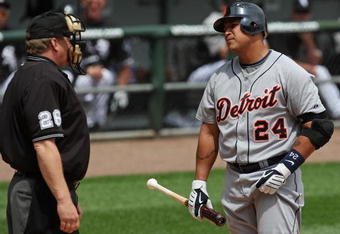 CHICAGO - JUNE 08: Miguel Cabrera #24 of the Detroit Tigers has words with home plate umpire Bill Miller #26 after striking out against the Chicago White Sox on June 8, 2009 at U.S. Cellular Field in Chicago, Illinois. The Tigers defeated the White Sox 5-4. (Photo by Jonathan Daniel/Getty Images)