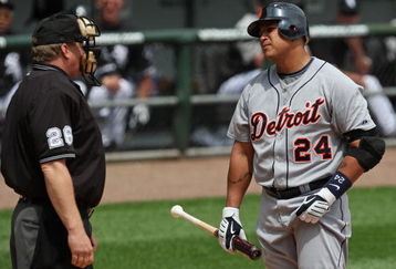 CHICAGO - JUNE 08: Miguel Cabrera #24 of the Detroit Tigers has words with home plate umpire Bill Miller #26 after striking out against the Chicago White Sox on June 8, 2009 at U.S. Cellular Field in Chicago, Illinois. The Tigers defeated the White Sox 5-4. (Photo by Jonathan Daniel/Getty Images)