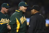 LOS ANGELES, CA - JUNE 16:  Oakland Athletics manager Bob Geren argues with the first base umpire during the game against the Los Angeles Dodgers at Dodger Stadium on June 16, 2009 in Los Angeles, California.  (Photo by Jeff Gross/Getty Images)