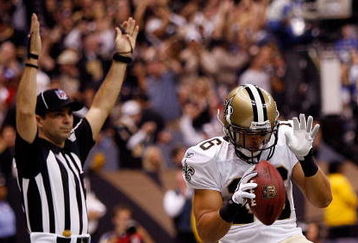 NEW ORLEANS - OCTOBER 18:  Lance Moore #16 of the New Orleans Saints celebrates after scoring a touchdown against the New York Giants at the Louisiana Superdome on October 18, 2009 in New Orleans, Louisiana.  (Photo by Chris Graythen/Getty Images)