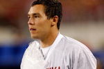 ARLINGTON, TX - SEPTEMBER 05:  Quarterback Sam Bradford #14 of the Oklahoma Sooners on the sidelines after suffering an injury against the Brigham Young Cougars at Cowboys Stadium on September 5, 2009 in Arlington, Texas.  (Photo by Ronald Martinez/Getty Images)