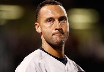 ANAHEIM, CA - OCTOBER 20:  Derek Jeter #2 of the New York Yankees looks on during the seventh inning stretch in Game Four of the ALCS against the Los Angeles Angels of Anaheim during the 2009 MLB Playoffs at Angel Stadium on October 20, 2009 in Anaheim, California.  (Photo by Jeff Gross/Getty Images)