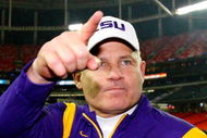 ATLANTA - DECEMBER 31:  Head coach Les Miles of the LSU Tigers celebrates after a 38-3 win over the Georgia Tech Yellow Jackets in the Chick-fil-A Bowl on December 31, 2008 at the Georgia Dome in Atlanta, Georgia.  (Photo by Kevin C. Cox/Getty Images)