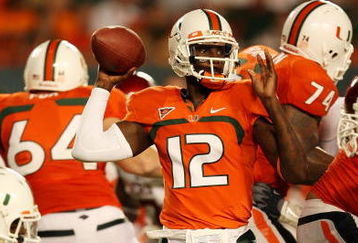 FORT LAUDERDALE, FL - OCTOBER 03: Quarterback Jacory Harris #12 of the Miami Hurricanes throws a pass against the Oklahoma Sooners at Land Shark Stadium on October 3, 2009 in Fort Lauderdale, Florida. Miami defeated Oklahoma 21-20. (Photo by Doug Benc/Getty Images)
