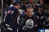 EDMONTON, CANADA - SEPTEMBER 23:  Gilbert Brule #67 of the Edmonton Oilers celebrates with Dustin Penner #27 during the game against the Calgary Flames on September 23, 2009 at Rexall Place in Edmonton, Alberta, Canada. (Photo by Dale MacMillan/Getty Images)