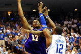ORLANDO, FL - JUNE 14:  Andrew Bynum #17 of the Los Angeles Lakers goes up for a shot over Dwight Howard #12 of the Orlando Magic in the second quarter of Game Five of the 2009 NBA Finals on June 14, 2009 at Amway Arena in Orlando, Florida.  NOTE TO USER:  User expressly acknowledges and agrees that, by downloading and or using this photograph, User is consenting to the terms and conditions of the Getty Images License Agreement.  (Photo by Ronald Martinez/Getty Images)