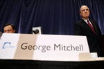 NEW YORK - DECEMBER 13:  Former Senator George J. Mitchell (R), the lead investigator in Major League Baseball's steroid scandal, prepares to speak about the release of his committee's findings as committee member Charles Scheeler (L) looks on December 13, 2007 in New York City. Mitchell was expected to name dozens of players linked to performance-enhancing substances.  (Photo by Mario Tama/Getty Images)