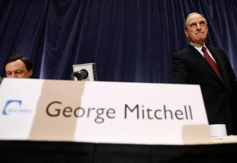 NEW YORK - DECEMBER 13:  Former Senator George J. Mitchell (R), the lead investigator in Major League Baseball's steroid scandal, prepares to speak about the release of his committee's findings as committee member Charles Scheeler (L) looks on December 13, 2007 in New York City. Mitchell was expected to name dozens of players linked to performance-enhancing substances.  (Photo by Mario Tama/Getty Images)