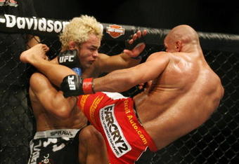 CHICAGO- OCTOBER 25:  Josh Koscheck (L) fights Thiago Alves in a Welterweight bout  at UFC's Ultimate Fight Night at Allstate Arena on October 25, 2008 in Chicago, Illinois. (Photo by Tasos Katopodis/Getty Images)