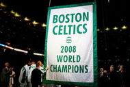 BOSTON, MA - OCTOBER 28: The Boston Celtics raise 2008 World Championship banner during the 2008 NBA World Championship ceremony before a game against the Cleveland Cavaliers at the TD Banknorth Garden on October 28, 2008 in Boston, Massachusetts. NOTE TO USER: User expressly acknowledges and agrees that, by downloading and/or using this Photograph, user is consenting to the terms and conditions of the Getty Images License Agreement. (Photo by Jim Rogash/Getty Images)