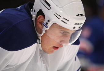 NEW YORK - OCTOBER 12: Luke Schenn #2 of the Toronto Maple Leafs looks on during a break in NHL game action against the New York Rangers at Madison Square Garden on October 12, 2009 in New York City.  (Photo by Nick Laham/Getty Images)