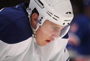 NEW YORK - OCTOBER 12: Luke Schenn #2 of the Toronto Maple Leafs looks on during a break in NHL game action against the New York Rangers at Madison Square Garden on October 12, 2009 in New York City.  (Photo by Nick Laham/Getty Images)