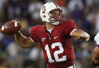PALO ALTO, CA - SEPTEMBER 26:  Andrew Luck #12 of the Stanford Cardinal passes against the Washington Huskies at Stanford Stadium on September 26, 2009 in Palo Alto, California.  (Photo by Jed Jacobsohn/Getty Images)